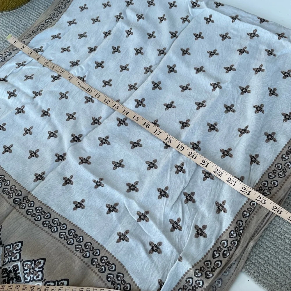 Vintage Tan White Brown Block Print Scarf with Fringe